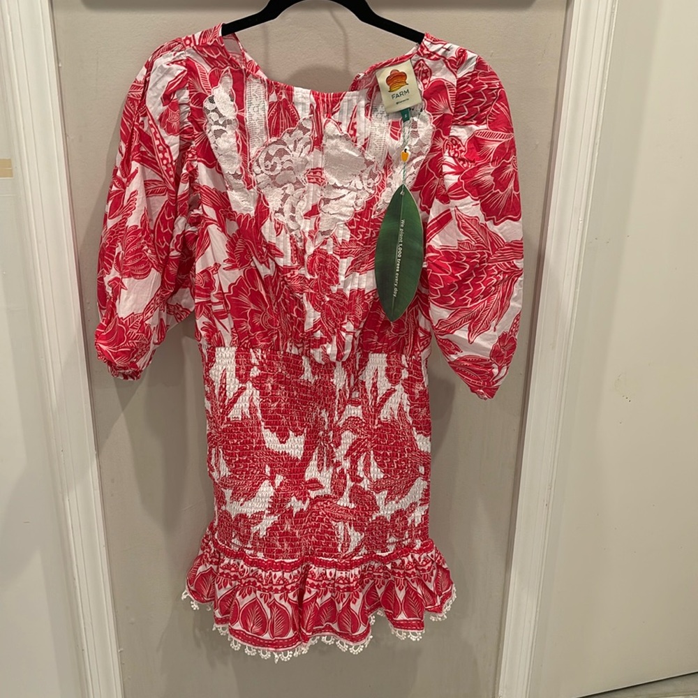 Farm Rio tropical woodcut mini dress with rouched bottom and lace detail top.